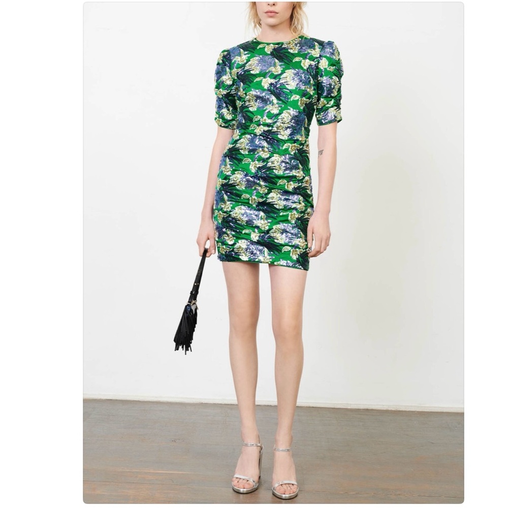 Maje Green Floral Print Puff-Sleeve Mini Dress